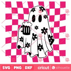 Checkered Daisy Cute Ghost SVG, Floral Ghost SVG, Ghost Cheers SVG