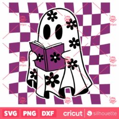 Checkered Daisy Cute Ghost SVG, SVG, Floral Ghost SVG, Ghost Reading SVG, Checkered Halloween SVG