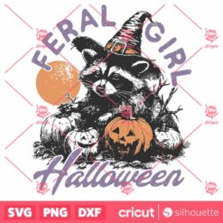 Feral Girl Halloween SVG, Retro Halloween Shirt Design Fall Vector SVG, Cute Halloween Design Raccoon Shirt