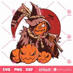 Halloween Scarecrow With Pumpkins And Scythe Red Moon SVG