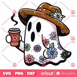 Retro Colorful Floral Ghost Coffee SVG, Retro Daisy Cute Ghost Halloween SVG