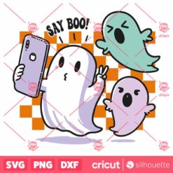 Retro Cute Ghost Halloween SVG, Say Boo SVG, Ghost Selfie SVG, Funny Spooky Vibes Checkered Trendy Fall Vibes SVG