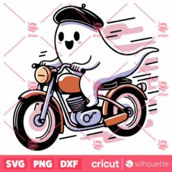 Retro Cute Ghost Riding Motorcycle SVG, Retro Cute Ghost Halloween SVG