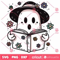 Retro Floral Ghost Book SVG, Retro Daisy Cute Ghost Halloween SVG, Ghost Reading SVG