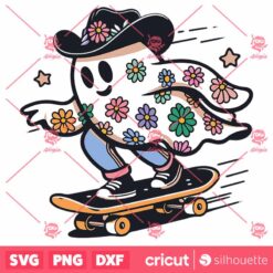 Retro Floral Ghost Skateboard SVG, Retro Daisy Cute Ghost Halloween SVG, Flower Ghost SVG