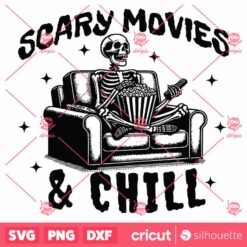 Scary Movies And Chill SVG, Halloween SVG, Skeleton SVG, Halloween Design For Tshirt Tote Bags Mugs Vintage SVG