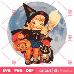 Vintage Halloween Art Retro Cute Witch Pumpkin Cat SVG